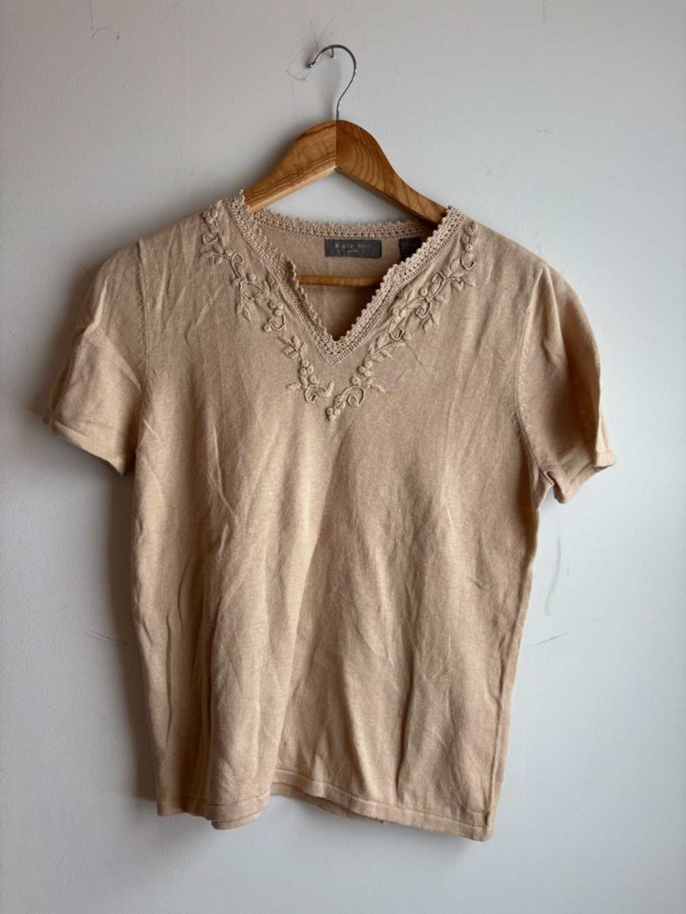 Kate Hill Beige Crochet-Trim Linen-blend Top